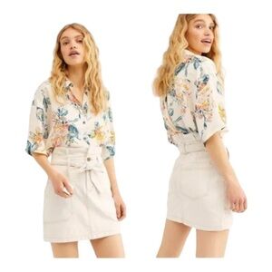 Free People Splendor In The Grass Paper Bag Oatmeal Cotton Linen Skirt